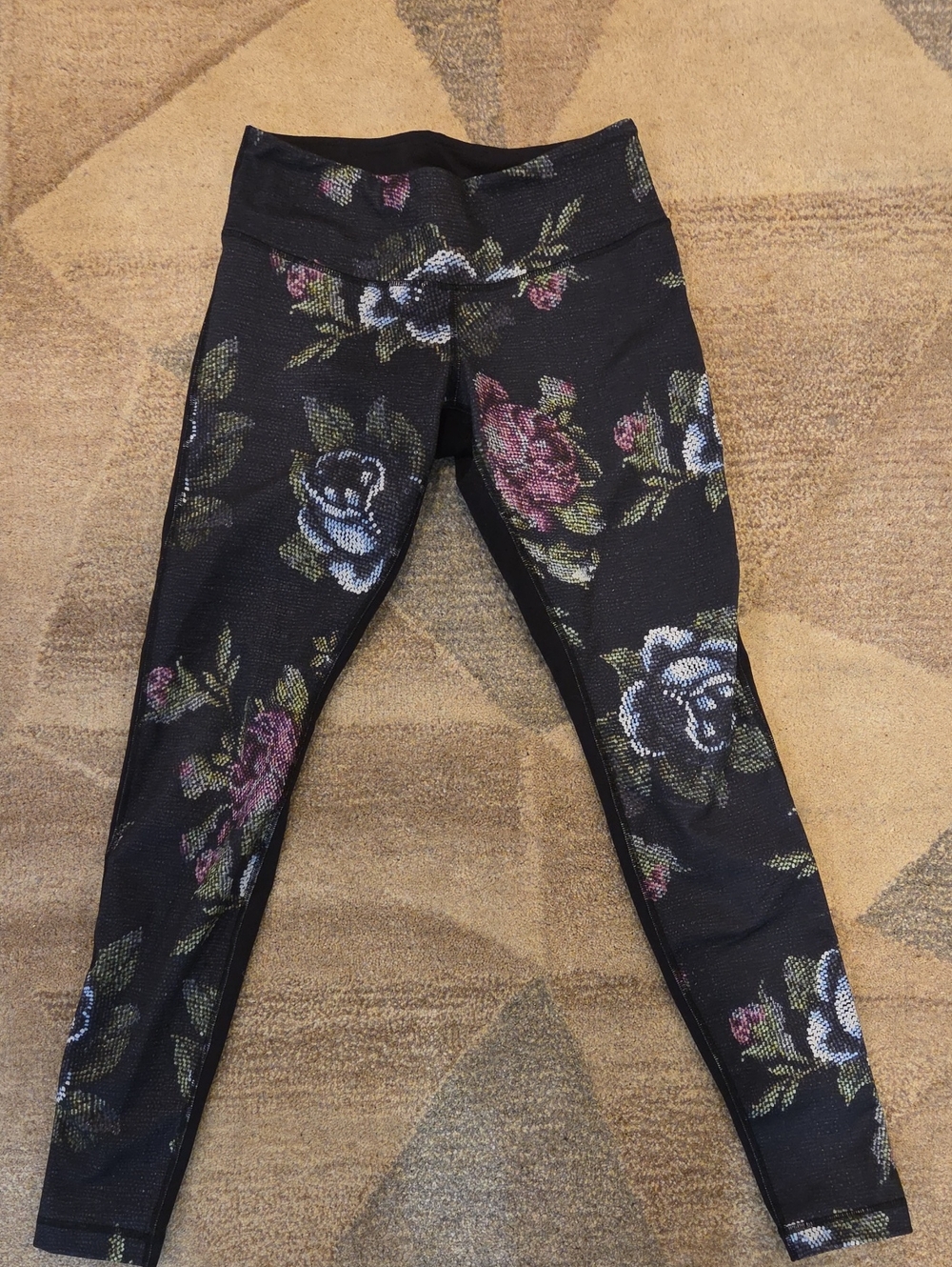 lululemon athletica Black Floral High-Rise Leggings with Pink and Blue Roses
